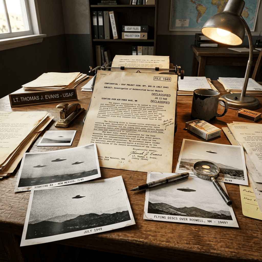 Declassified 1949 military file and black and white UFO photos on a wooden desk