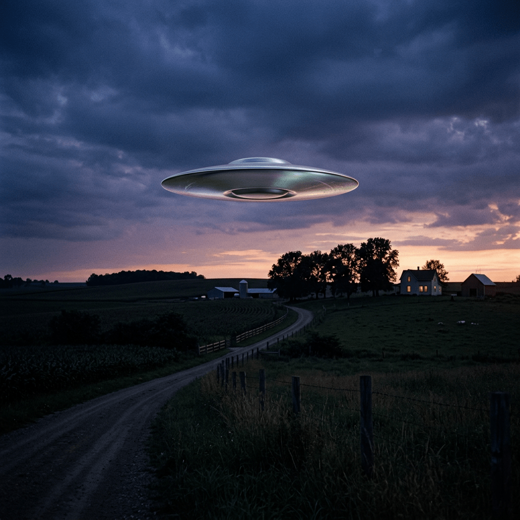 Silver UFO hovering over a rural farmhouse under a cloudy evening sky