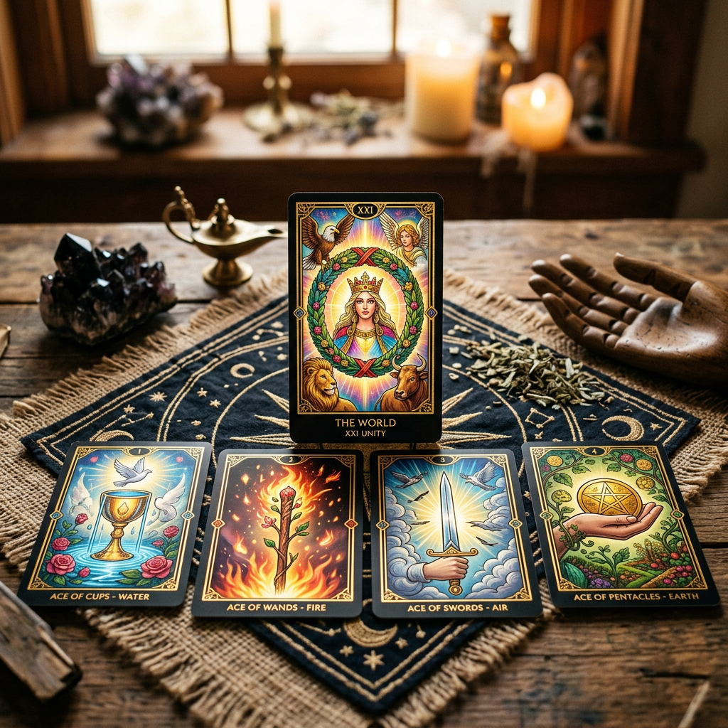 Tarot cards The World, Ace of Cups, Ace of Wands, Ace of Swords, Ace of Pentacles on a cloth with mystical symbols