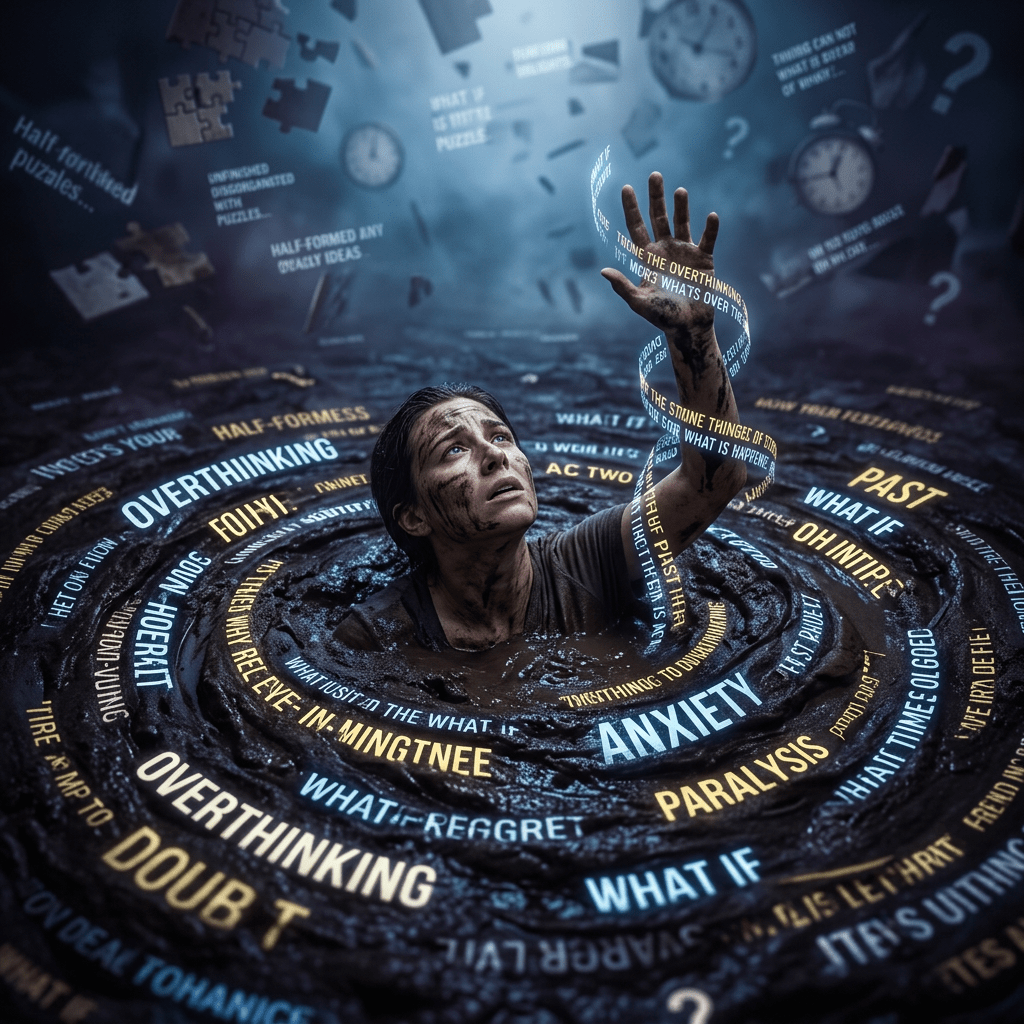 Person trapped in mud reaching out with words like overthinking, anxiety, and paralysis swirling around them