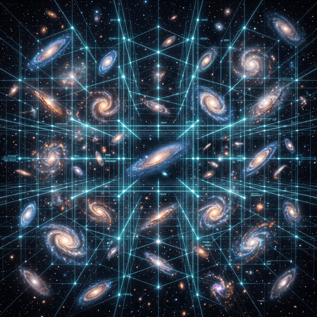 Various spiral and elliptical galaxies arranged in a 3D grid structure in space