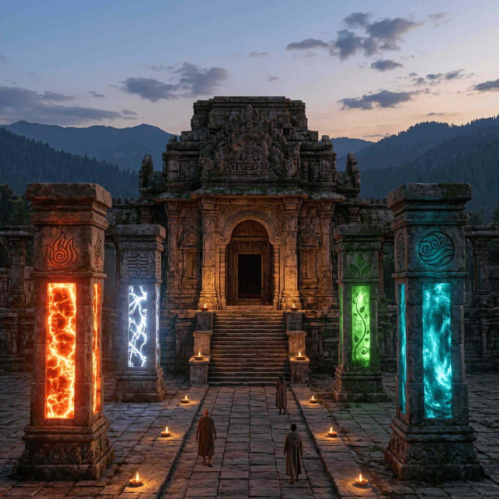 Stone temple entrance with illuminated pillars representing fire, lightning, earth, and water