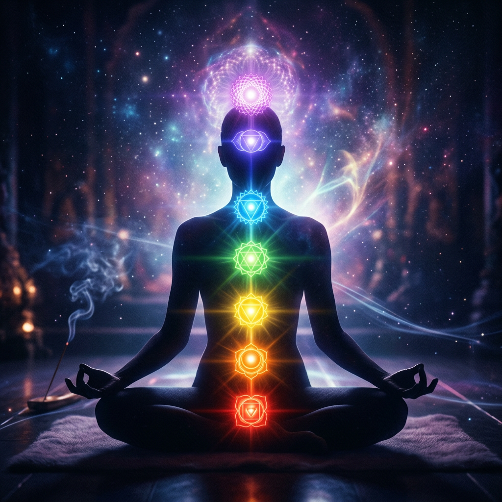 Silhouette meditating cross-legged with seven glowing chakra symbols