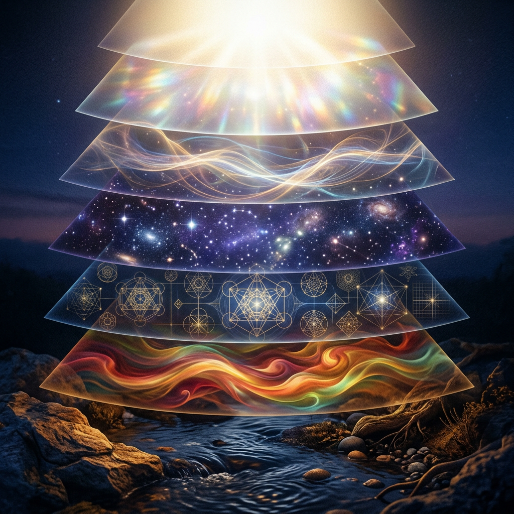 Layered cosmic illustration above a flowing stream, with stars, symbols, and colorful energy waves