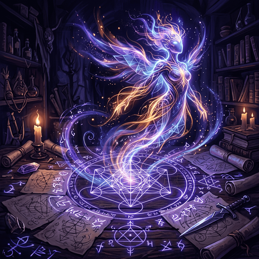 Glowing ethereal spirit emerging from a magical circle in a wizard’s study