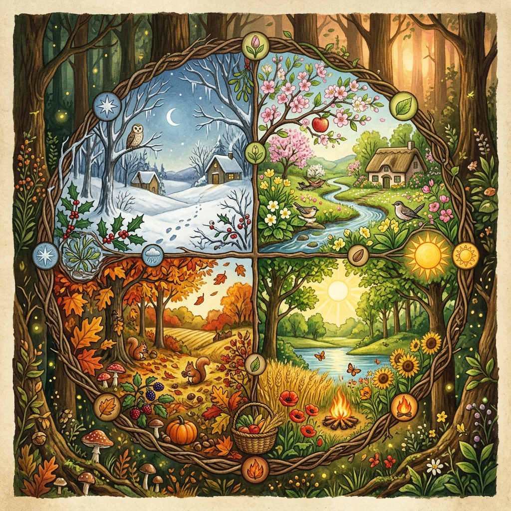 Illustrated woodland divided into four panels representing the four seasons