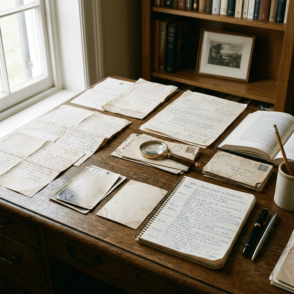 Handwritten letters, envelopes, notebook, magnifying glass, and books on a wooden desk
