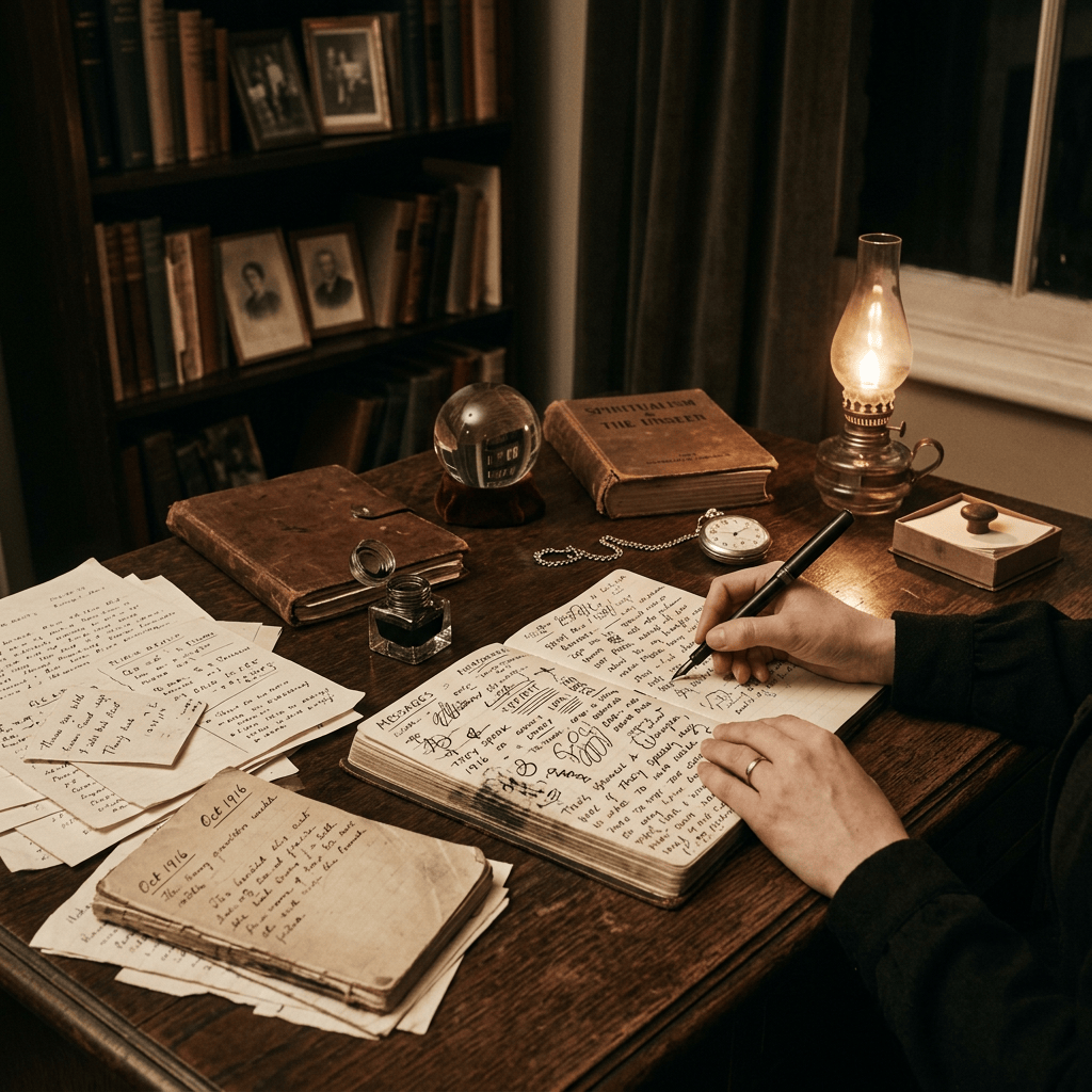 Person writing handwritten notes at a desk beside vintage books and an oil lamp