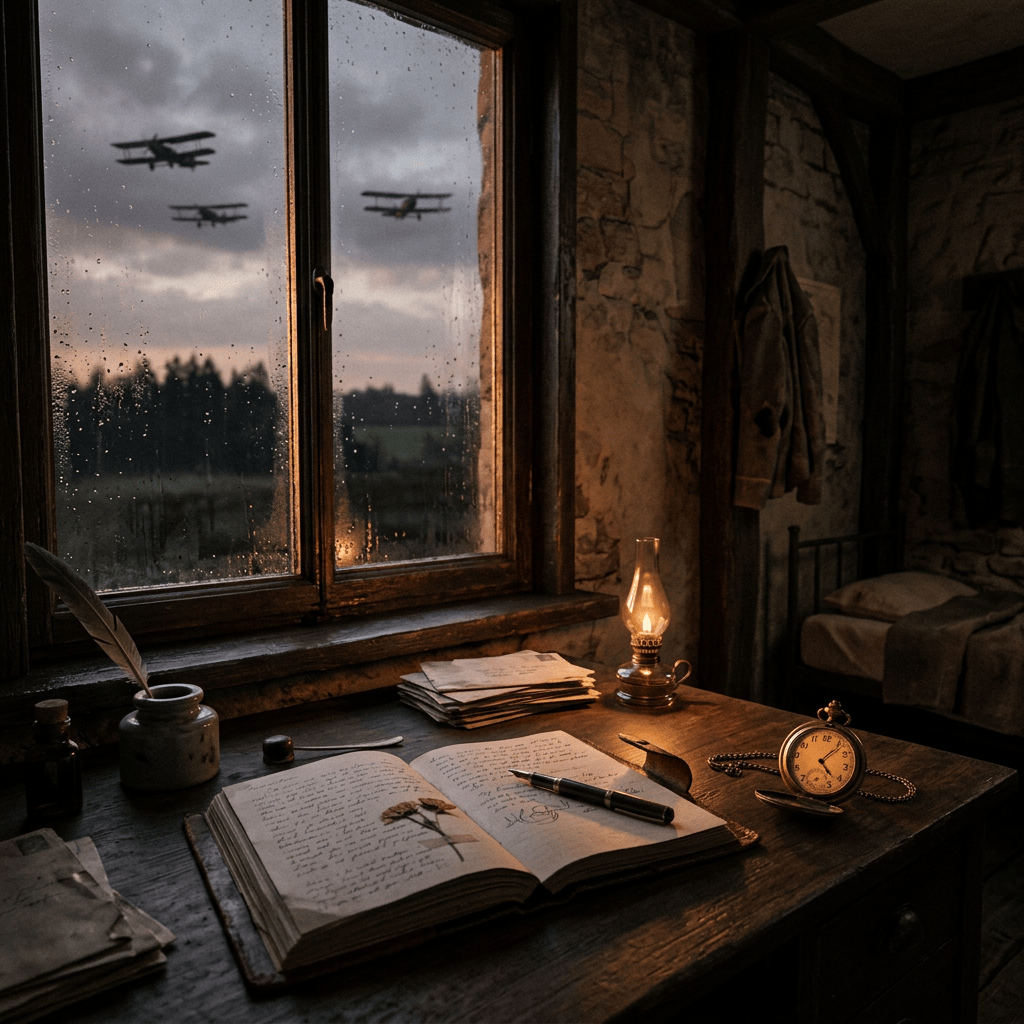 World War I-era desk at dusk with aircraft silhouettes