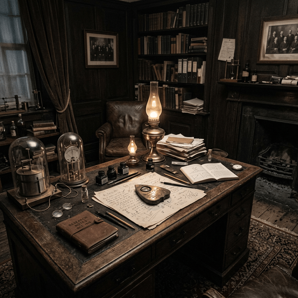 Vintage study with oil lamps, handwritten notes, books, and scientific instruments