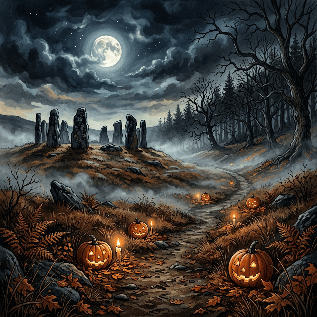 Jack-o’-lanterns lining a misty path beneath a full moon